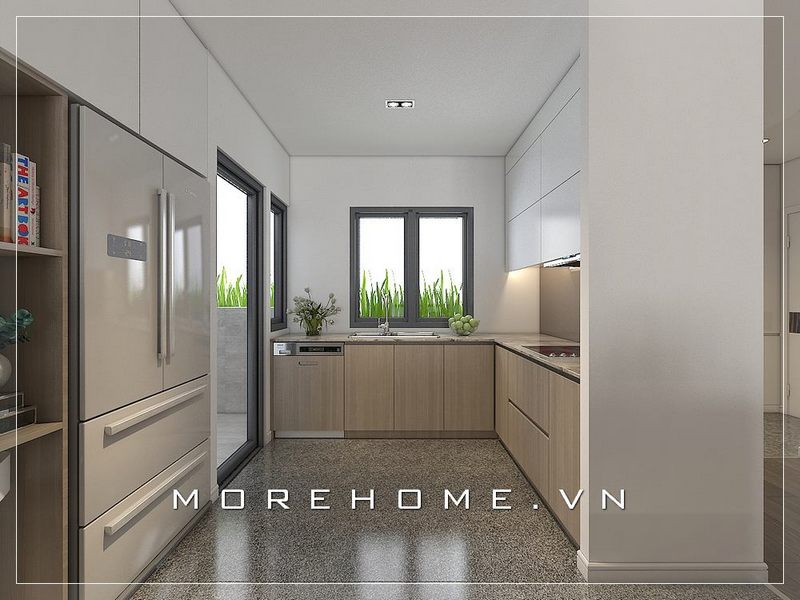 Mẫu tủ bếp chữ L có thiết kế hiện đại, đơn giản và tiện nghi, được làm từ gỗ công nghiệp gam màu kem sáng, sẽ làm cho không gian phòng bếp trở nên thật ấn tượng.